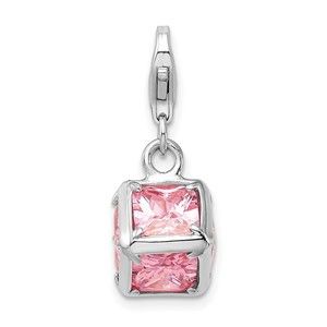 925 Sterling Silver Polished 3-D Pink CZ Cube Bracelet Charm Lobster Clasp
